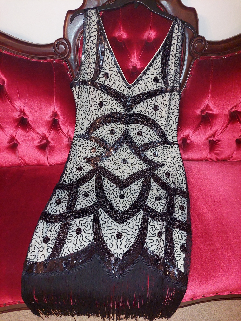 Unique Vintage Black Beaded Sequined Fringe Flapper Dress